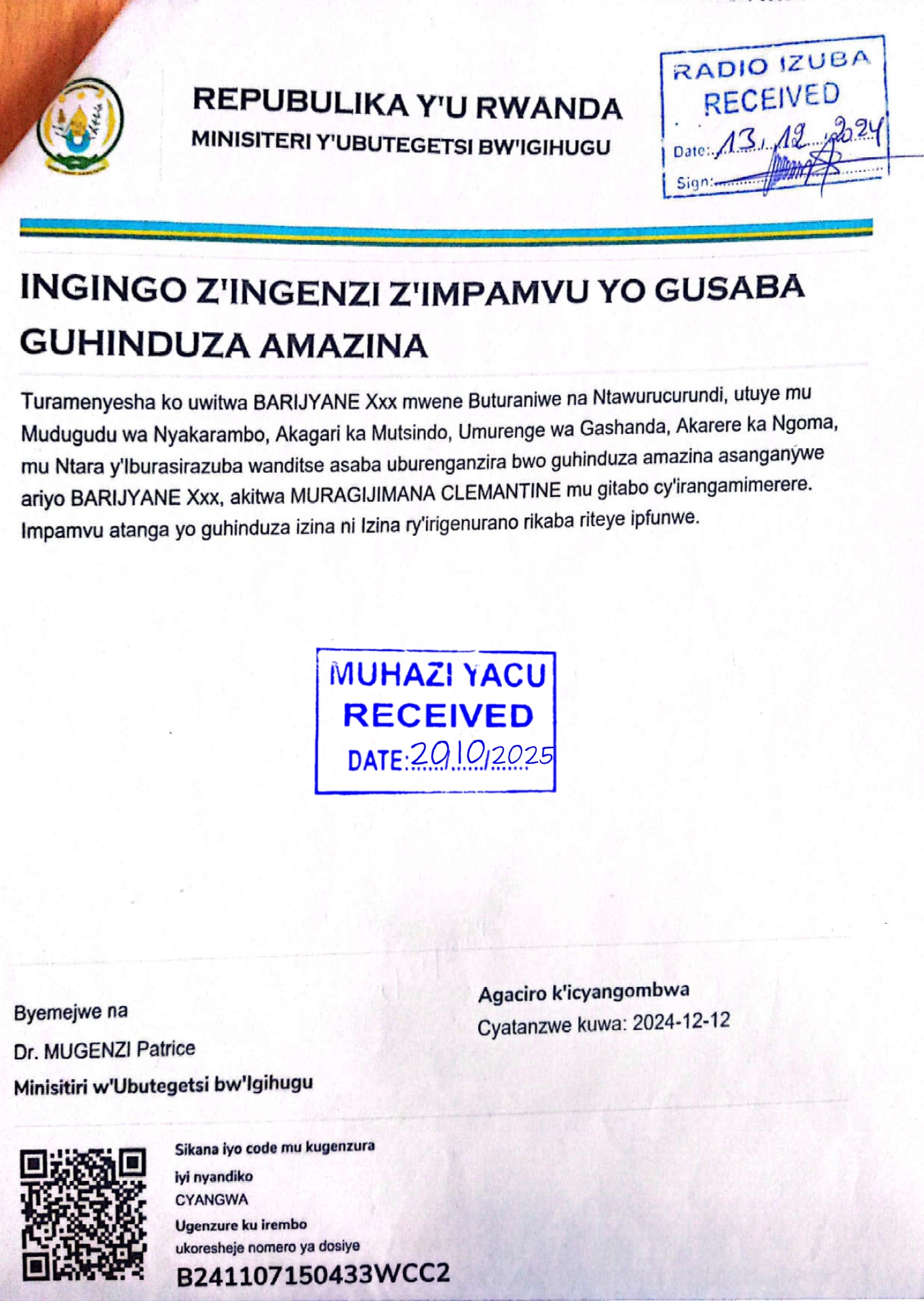 Itangazo Rya Rdf Itangazo rya guhindura amazina – MUHAZI YACU